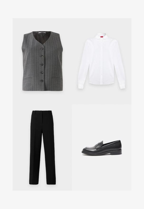 Chaleco gris a rayas con cinco botones negros y dos bolsillos frontales, con un diseño de escote en V y sin mangas.; Camisa blanca de manga larga con botones, cuello redondeado, frontal abotonado y puños, exhibida sobre un fondo liso.; Pantalones negros de diseño recto, hechos de tejido texturizado, con una parte delantera plana, dos pliegues marcados y pasadores para cinturón.; Mocasines de cuero negro con un acabado suave, punta redondeada y detalle de costura lateral. Presentan un tacón bajo y rectangular.