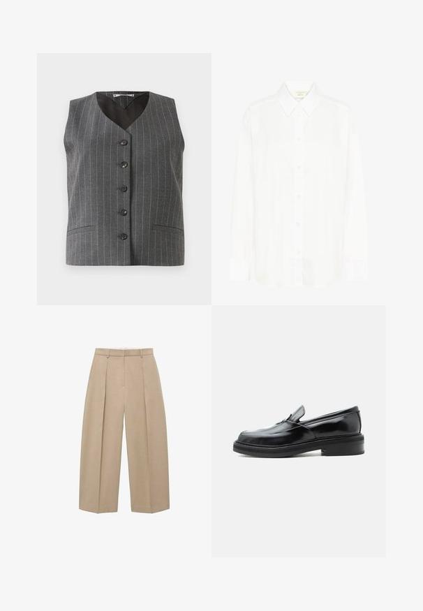 Chaleco gris a rayas con cinco botones negros y dos bolsillos frontales, con un diseño de escote en V y sin mangas.; Camisa blanca de manga larga con botones al frente, cuello clásico y corte regular. Hecha de tela suave, cuenta con ocho botones en la parte delantera.; Pantalones de pierna ancha beige colgando verticalmente, con pliegues frontales y una cinturilla plana, que muestran un estilo neutral y elegante.; Mocasín slip-on de cuero negro con tacón bajo y puntera cuadrada redondeada, mostrado de lado sobre un fondo blanco liso.