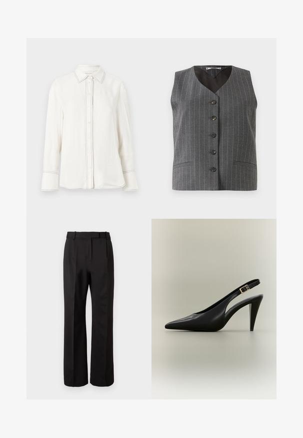 Gilet gris à rayures avec cinq boutons noirs et deux poches avant, présentant un col en V et un design sans manches.; Chemise blanche à manches longues en tissu lisse avec un bouton à l'avant, un col pointu et des coutures noires contrastantes le long de la patte de boutonnage et des poignets.; Pantalons noirs taille haute, en tissu lisse, avec un design à jambes droites, des poches latérales et un devant plat avec plis.; Escarpin à bride arrière en cuir noir avec bout pointu, boucle dorée et talon effilé sur un fond neutre.