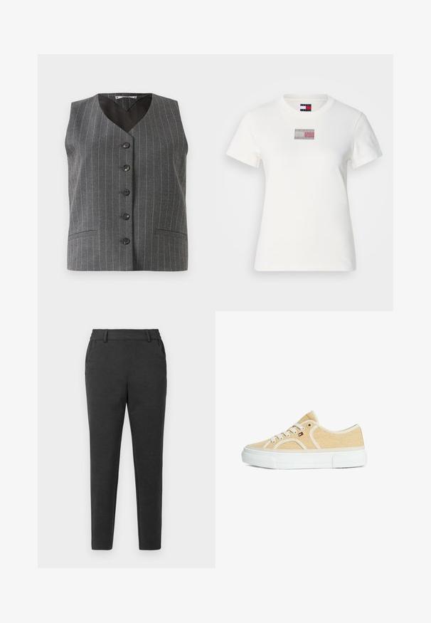Grå stribede vest med fem sorte knapper og to frontlommer, med V-halsudskæring og uden ærmer.; Hvid bomulds t-shirt med et lille grafisk rektangel med et rødt, hvidt og blåt design. Korte ærmer og rund hals.; Mørkegrå slim-fit bukser med bæltestropper, sidelommer og en tapered ben-design på en ensfarvet lys baggrund.; Beige lavtop-sneaker med hvide snørebånd, tyk hvid sål og lille flaglogo på siden.
