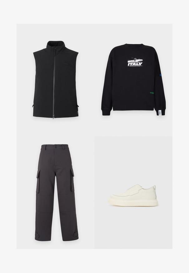 Gilet noir sans manches avec col montant et fermeture éclair frontale, fabriqué en tissu lisse, présenté sur un fond blanc uni.; Iceberg Sweatshirt - nero; Pantalons cargo gris foncé, fabriqués en tissu lisse, dotés de deux poches latérales et de fermetures à boutons. Coupe ample avec des ourlets côtelés.; Sneaker sans lacets en matériau texturé blanc cassé avec une semelle épaisse et rainurée. Présente des coutures minimales et un accent bleu clair subtil.