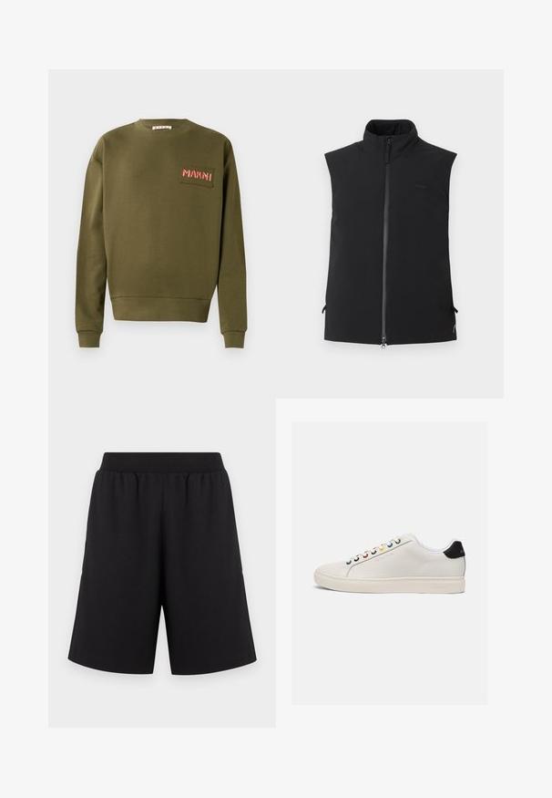 Gilet noir sans manches avec col montant et fermeture éclair frontale, fabriqué en tissu lisse, présenté sur un fond blanc uni.; Sweatshirt vert olive en coton, avec un col rond, des poignets côtelés et un patch brodé portant "MARNI" en rouge.; Shorts noirs avec une taille élastique, fabriqués en tissu doux, présentant des jambes à coupe droite et sans motifs ni accents apparents.; Sneaker en cuir blanc avec un bout légèrement arrondi, semelle plate, œillets multicolores, languette noire au talon et logo en relief sur le côté.