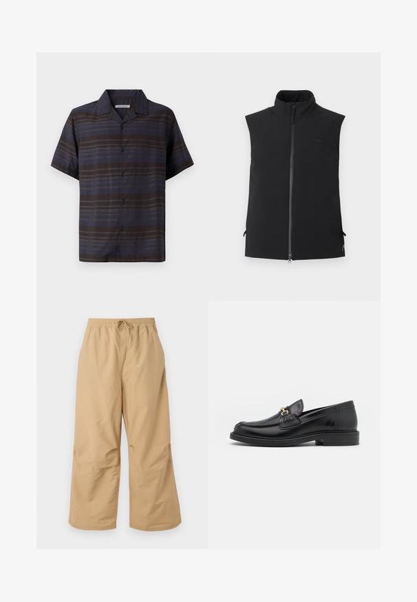 Gilet noir sans manches avec col montant et fermeture éclair frontale, fabriqué en tissu lisse, présenté sur un fond blanc uni.; Chemise à manches courtes en bleu foncé et marron avec des rayures verticales, fermée par des boutons sur le devant, col pointu et texture de tissu lisse.; Pantalons larges beiges en tissu léger, avec une taille élastique dotée d'un cordon de serrage et des accents cousus près de l'ourlet.; Mocassins en cuir noir avec un embout rond, présentant des accents en métal doré et des détails de couture, montés sur une semelle en caoutchouc texturé et basse.