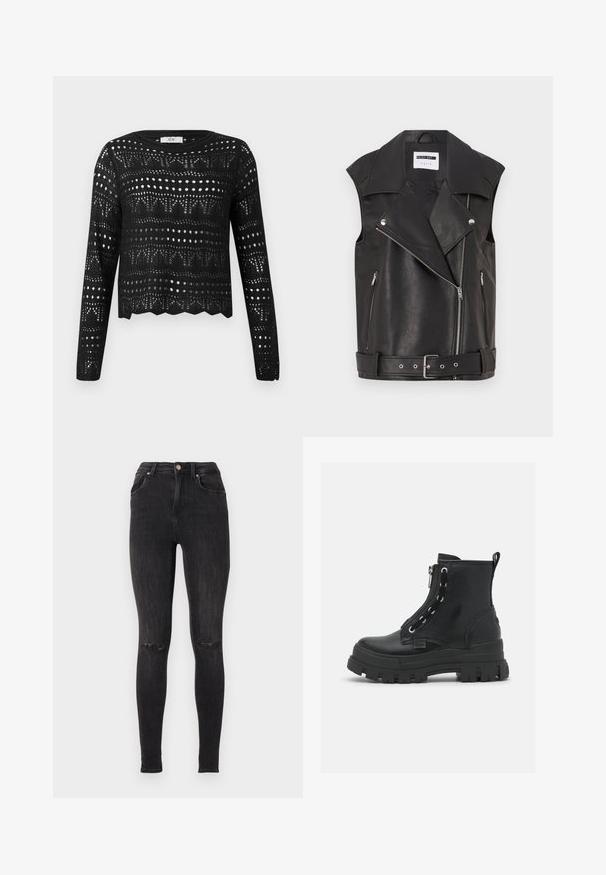 Gilet sans manches en cuir noir avec un col cranté, fermeture éclair diagonale à l'avant, deux poches latérales zippées et une taille ceinturée. La texture semble lisse.; Pull noir à manches longues en crochet tricoté avec motifs ajourés géométriques et à points et ourlet festonné, étiqueté JDY.; Jean skinny noir en denim, avec une taille haute, des détails déchirés aux genoux et un design classique à cinq poches.; Bottines noires en cuir texturé avec une semelle en caoutchouc épaisse, fermeture éclair et lacets dotés d'œillets en argent.