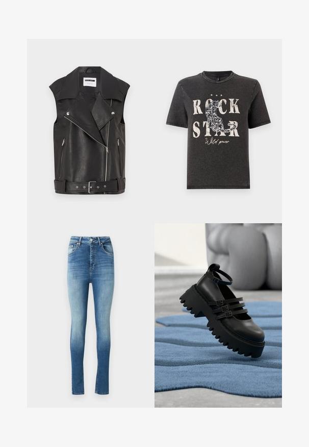 Gilet sans manches en cuir noir avec un col cranté, fermeture éclair diagonale à l'avant, deux poches latérales zippées et une taille ceinturée. La texture semble lisse.; T-shirt en coton noir avec un texte blanc audacieux "ROCK STAR" et un design de silhouette de chat scintillant. Encolure ras du cou et manches courtes.; Jeans skinny taille haute en denim bleu délavé avec un dégradé subtil. Caractéristiques d'un design classique à cinq poches et fermeture à bouton.; Chaussure plateforme noire avec trois sangles à boucle et une semelle dentelée, posée sur un tapis bleu texturé avec une sculpture en arrière-plan floue.
