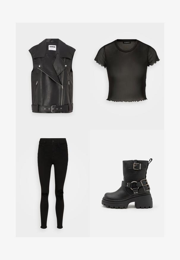 Gilet sans manches en cuir noir avec un col cranté, fermeture éclair diagonale à l'avant, deux poches latérales zippées et une taille ceinturée. La texture semble lisse.; Haut noir transparent à manches courtes avec un col rond et des bords festonnés. Fabriqué en tissu léger, le design est ajusté et légèrement court.; American Eagle SUPER HIGH RISE - Jegging - black wash; Bottine en cuir noir avec une semelle épaisse, accents de boucle et de sangle, et une finition texturée. Équipée d'une languette pour un enfilage facile.
