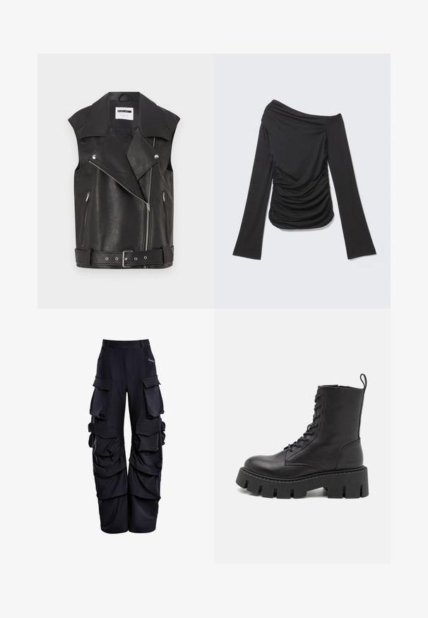 Gilet sans manches en cuir noir avec un col cranté, fermeture éclair diagonale à l'avant, deux poches latérales zippées et une taille ceinturée. La texture semble lisse.; Haut noir à manches longues avec un décolleté asymétrique épaule dénudée et des fronces sur les côtés et à l'avant.; Pantalons cargo noirs en tissu texturé, dotés de multiples grandes poches, d'une coupe relaxée et de détails froncés sur les côtés.; Bottine noire en cuir avec un devant à lacets, semelle épaisse et tirette en boucle ; texture lisse et branding subtil sur le talon.