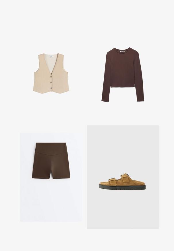 Beige ærmeløs vest med V-hals og tre dekorative metal knapper ned foran, skræddersyet pasform, mærke synligt inde i kraven.; Brun langærmet cropped skjorte i et blødt, glat stof med en rund halsudskæring og uden synlige mønstre eller hardware.; Brune, højtaljede, tætsiddende atletikshorts med en V-formet sømdetalje ved linningen, vist på en hvid baggrund.; Brune ruskinds slide-sandaler med to justerbare spænder, en polstret fodseng og en sort gummisål med et struktureret mønster.
