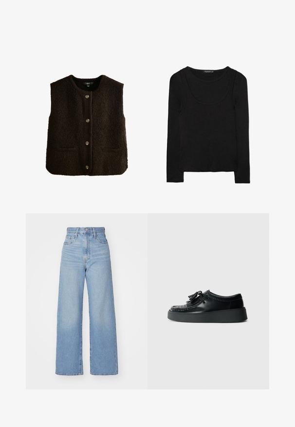 Gilet en polaire marron avec un col rond, fermeture à boutons sur le devant et deux poches latérales. Présente une texture subtile et des boutons métalliques.; Chemise noire à manches longues superposée, avec un haut à encolure dégagée porté en dessous d'un débardeur sans manches.; Jean large taille haute bleu clair avec bouton et fermeture éclair à l'avant, poches avant et arrière, sur fond blanc.; Chaussures en cuir noir avec un détail tressé sur les orteils, des lacets noirs et une semelle en caoutchouc noire épaisse, ornées de pampilles comme accent notable.