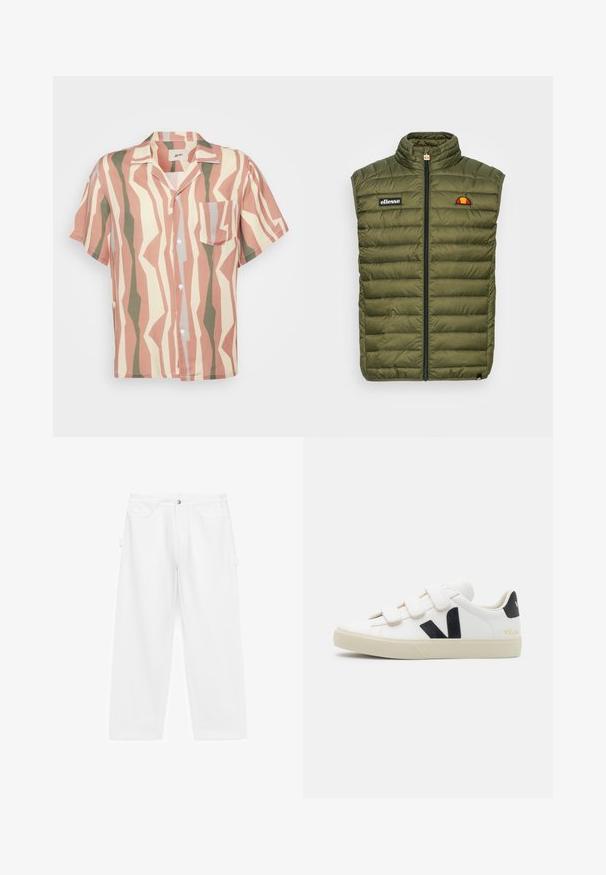 Pudret ærmeløs vest i olivengrøn, med høj krave, lynlås foran, logo patch, og horisontale kviltede mønstre.; Kortærmet button-up skjorte med et lyserødt, beige og grønt zigzag mønster; inkluderer en enkelt brystlomme og hvide knapper.; Hvide cargobukser lavet af bomuld med vidbenede ben, sidelommer og en traditionel fem-lomme-stil med knaplukning.; Hvide sneakers med sorte accenter og Velcro-stropper. Har en struktureret læderoverdel, en cremet gummisål og et logo på hælen.