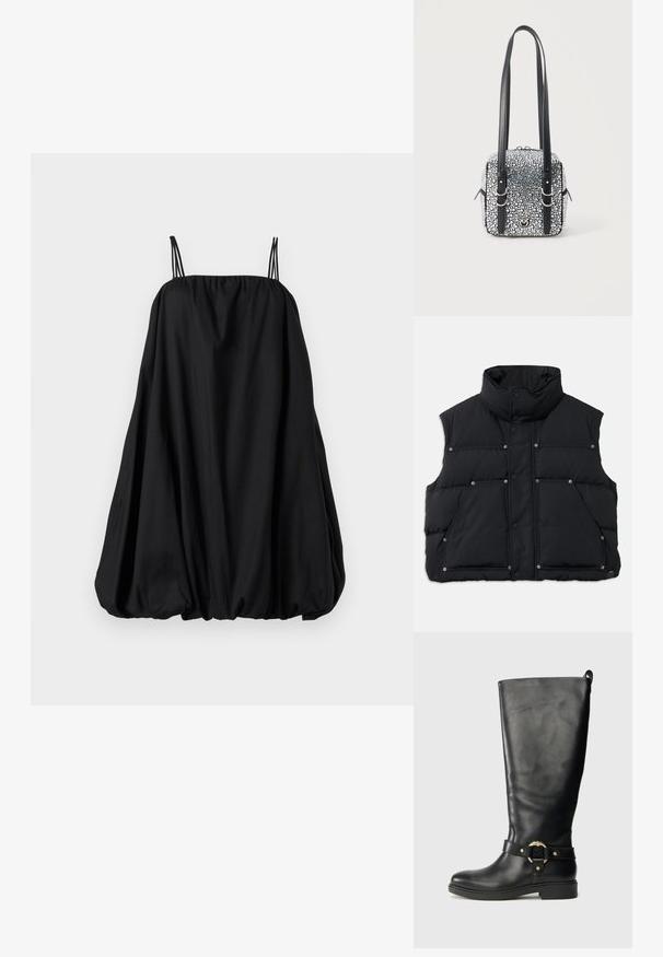 Gilet rembourré sans manches noir avec col haut, fermeture à boutons-pression et deux poches avant. Texture lisse et design matelassé.; Robe noire à fines bretelles, coupe ample en forme de ballon, avec un col froncé. Fabriquée en tissu doux, présentant une texture lisse sans motifs visibles.; Botte en cuir noir haute avec un talon bas et un détail décoratif de bague en or et de sangle autour de la cheville.; Sac à main carré noir recouvert de clous argentés avec deux longues bandoulières en cuir noir et des boucles argentées.