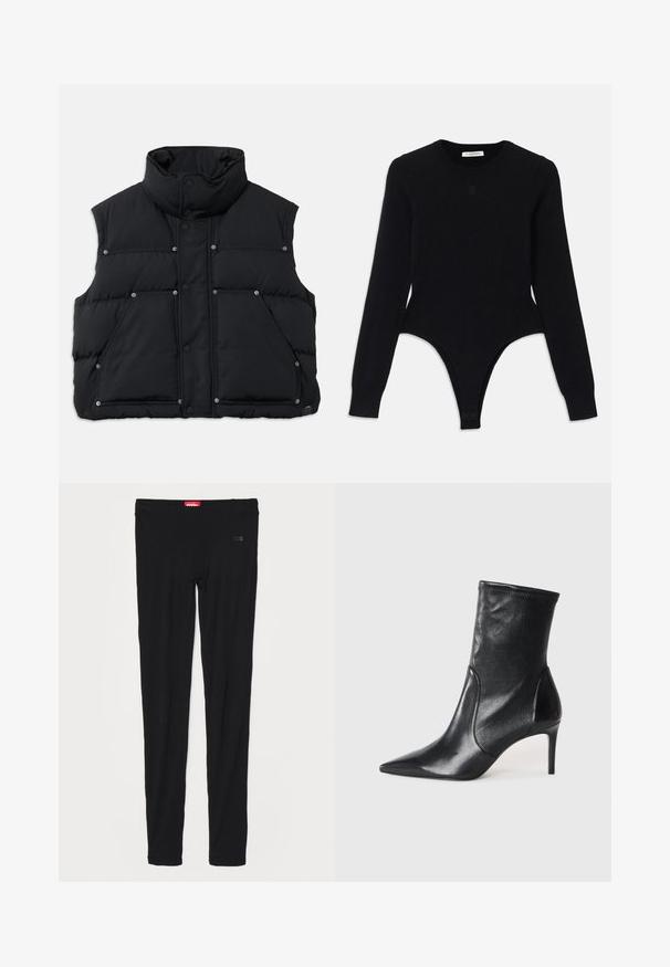 Schwarze, ärmellose Steppweste mit hohem Kragen, Druckknopfverschluss und zwei Vordertaschen. Glatte Textur und gesteppter Design.; Schwarzer Langarm-Bodysuit mit rundem Ausschnitt, figurnaher Passform und Tanga-Style. Hergestellt aus weichem, elastischem Material für hohen Tragekomfort.; Schwarze Leggings aus glattem Stoff, mit einem hohen Bund und dezentem Branding auf der Vorderseite. Die Leggings haben eine schmale, figurbetonte Passform.; Schwarze Stiefeletten aus glattem Leder, mit einer spitzen Zehe, schmalem Schaft und schlanker, hoher Ferse. Minimalistisches Design ohne sichtbare Beschläge.