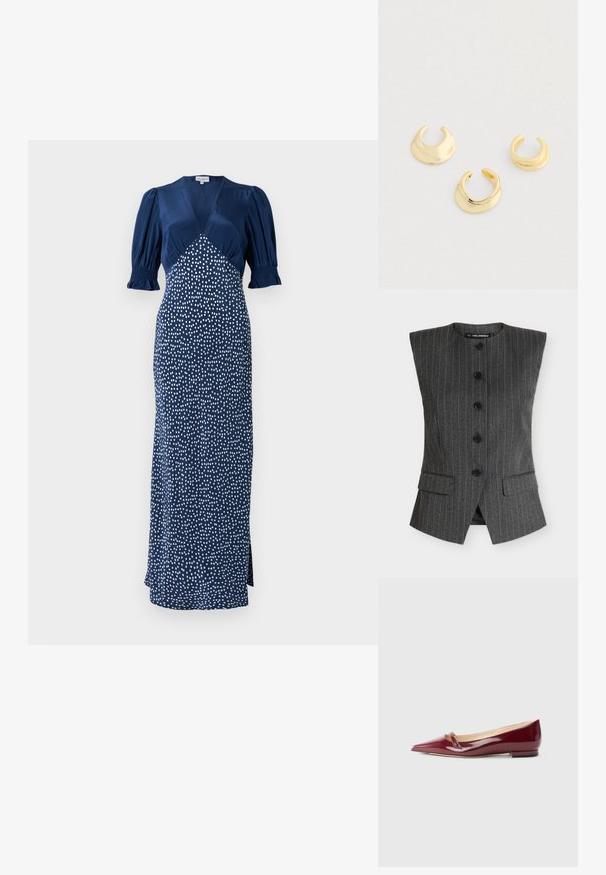 Gilet sans manches à rayures fines gris foncé avec quatre boutons noirs, deux poches à rabat sur le devant et une encolure droite et sans col.; Robe bleu marine avec un décolleté en V, des manches bouffantes et un motif à pois blancs. Présente un corsage ajusté et une longue jupe avec une fente sur le côté.; Ballerines en cuir verni bordeaux avec un bout pointu, présentant un petit détail découpé et un petit talon. Texture lisse et design épuré.; Trois bagues ouvertes en or brillant de style manchette avec des surfaces lisses et courbées, disposées sur un fond gris clair.