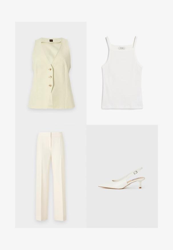 Gilet sans manches couleur crème avec col en V et trois boutons sur le devant, coupe ajustée et petite étiquette noire avec logo à l'intérieur du col.; Débardeur blanc à fines bretelles, en tissu de coton côtelé, avec un décolleté droit et une finition soignée à l'ourlet.; Pantalon droit sur mesure couleur blanc cassé avec pli avant, ceinture et fermeture avant dissimulée sur un fond uni.; Des escarpins blancs avec un talon ouvert, en cuir lisse. Dotés d'un talon fin et d'une sangle à boucle pour un maintien sécurisé.