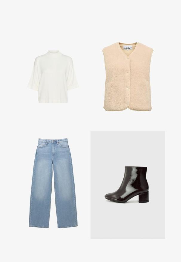 Gilet en polaire beige avec un design en V, fermeture à boutons-pression et deux poches avant. Présente un extérieur doux et texturé avec des finitions contrastantes.; Haut blanc à col montant et manches courtes, en tissu doux, présentant une coupe décontractée et une texture lisse, sans motifs ni accents visibles.; Jean large bleu clair fabriqué en denim. Doté d'une taille haute, de poches avant et d'une fermeture à boutons. Texture lisse avec un léger délavage.; Bottines en cuir verni noir avec un nez pointu et un talon épais. Texture lisse avec un léger éclat et des lignes épurées, design minimaliste.