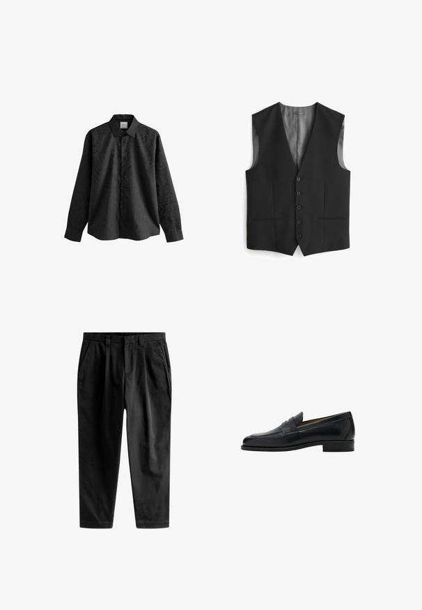 Gilet noir avec un décolleté en V, fermeture à cinq boutons, deux poches latérales et doublure en satin au dos. Texture de tissu lisse.; Chemise noire à manches longues avec une texture subtilement imprimée, ouverture à boutons sur le devant et col. Le tissu semble lisse et léger.; Pantalon noir en tissu lisse, avec une coupe ajustée, des plis avant et une taille classique avec passants de ceinture.; Mocassin penny en cuir noir avec talon bas, bout arrondi et une bride sur la partie supérieure de la chaussure.
