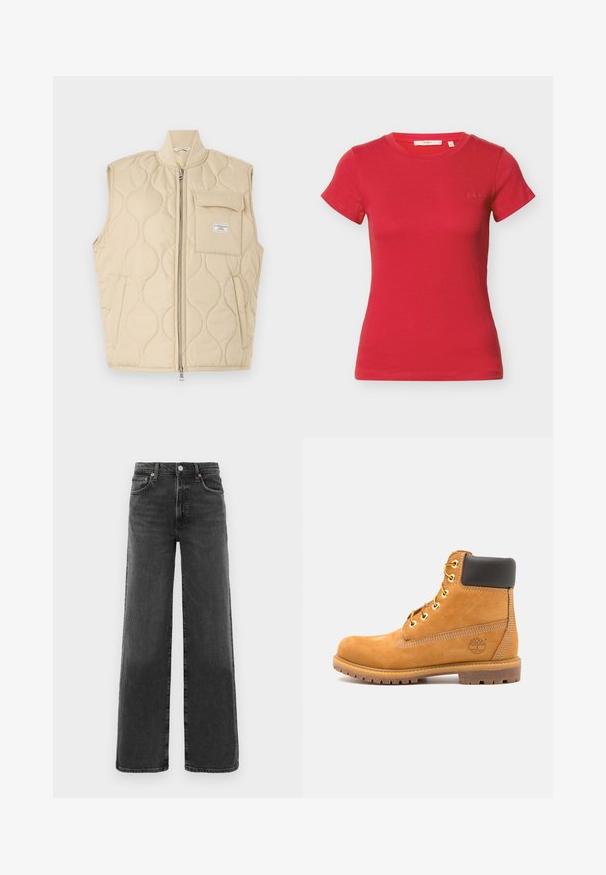 Guess Jeans QUILTED PUFFER - Vesta - safari tan; Červené priliehavé tričko z rebrovaného bavlneného úpletu s krátkymi rukávmi, okrúhlym výstrihom a jemným vyšívaným logom na ľavej strane hrudníka.; Čierne džíny s vysokým pásom a rovnými nohavicami, s predným gombíkom a zipsom, dvoma prednými a dvoma zadnými vreckami.; Hnedé kožené členkové topánky s čiernym polstrovaním, zlatými očkami a štruktúrovanou podrážkou. Obsahujú kruhové logo na boku a akcenty v podobe šitia.