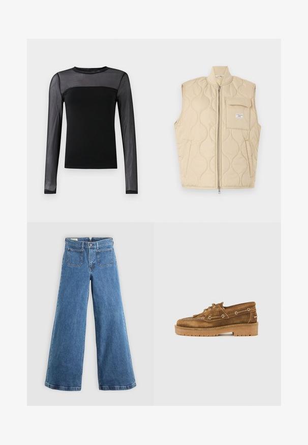 Guess Jeans QUILTED PUFFER - Veste sans manches - safari tan; Haut noir à manches longues avec un corps uni et des manches en maille transparente, avec un col rond et une coupe ajustée.; Jean blue à taille haute et jambe large avec poches avant à rabat, passants de ceinture, fermeture à bouton et braguette zippée sur fond uni.; Mocassin en daim marron avec semelle épaisse en caoutchouc, lacets sur le devant et couture style mocassin sur fond blanc uni.