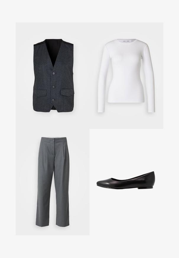 Grijze vest met verticale streepjes, een V-hals, een vijfknopenfront, twee voorzakken en een zwarte satijnen voering.; Witte longsleeve shirt van ribstof, met een ronde halslijn en een getailleerde vorm. Er zijn geen patronen of accenten aanwezig.; Grijze op maat gemaakte broeken met een rechte pijp, met een gladde textuur, voorpijpen en zijzakken. Geen zichtbare bevestigingsmiddelen of accenten.; Zwarte ballerina van glanzend leer met een ronde neus en een lage, platte zool. Heeft een gladde textuur met een eenvoudig en strak design.