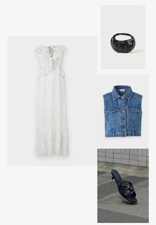 Veste en jean avec col, fermeture à boutons et deux poches poitrine. Présente un tissu bleu à texture usée avec des coutures contrastantes orange.; Robe maxi florale blanche avec des imprimés bleus et verts. Elle présente des manches à volants, une taille froncée et un ourlet à volants. Tissu léger.; Sandale noire à talon avec des brides croisées ornées d'œillets argentés et une boucle ronde, posée sur un pavement texturé près d'un mur carrelé.; Sac à main en cuir noir de forme arrondie, décoré de clous argentés et équipé d'une poignée courte. Texture lisse et fermeture éclair.