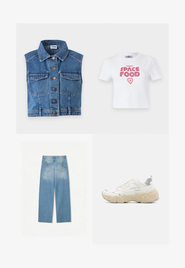 Jeansweste mit Kragen, Knopfverschluss und zwei Brusttaschen. Enthält blauen Stoff mit abgenutzter Textur und kontrastierenden orangefarbenen Nähten.; Weißes Baumwoll-T-Shirt mit rotem grafischem Text, der "SPACE FOOD" mit einem Herzakzent liest, kurze Ärmel und Rundhalsausschnitt.; Helleblaue Denim-Jeans mit geradem Bein, ausgestattet mit zwei Gesäßtaschen und einer ausgebleichten Textur im oberen Bereich.; Weißer Sneaker mit Obermaterial aus Mesh und glattem Leder, ausgestattet mit einem gepolsterten Schaft, einer strukturierten Gummisohle und dezenten metallischen Akzenten.