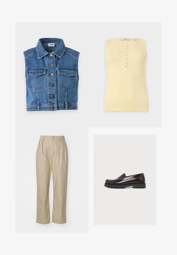 Denimvest med krave, knaplukning og to brystlommer. Har blåt stof med en slidt tekstur og kontrasterende orange syninger.; Ærmeløs, lys gul ribbet tanktop med rund halsudskæring og en lodret række af seks sølvfarvede trykknapper på foran i midten.; Beige bukser lavet af bomuld, med afslappet pasform, frontfolder, en enkelt knaplukning og lige ben med syede kant.; Mørkebrun læderloafer med tyk sort sål med slidbanemønster og mokkatoe-syning, vist fra ydersiden på en lys baggrund.
