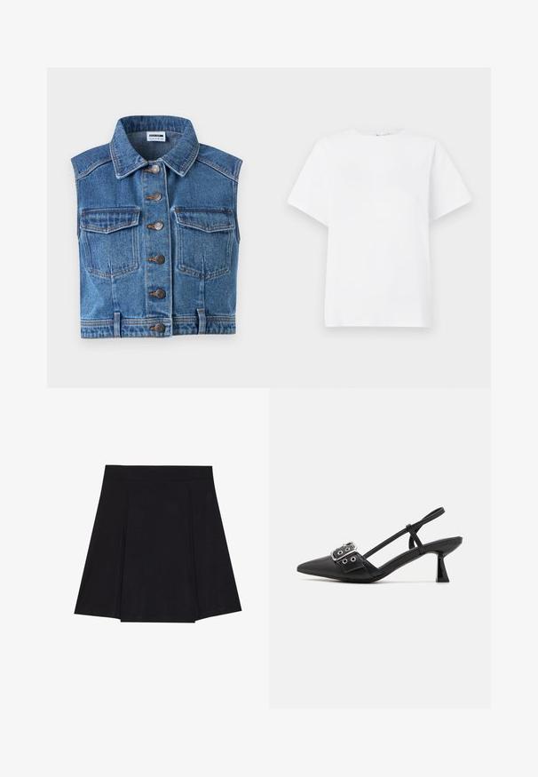 Denimvest med krave, knaplukning og to brystlommer. Har blåt stof med en slidt tekstur og kontrasterende orange syninger.; Hvid t-shirt med korte ærmer lavet af bomuldsstof. Har en rund hals, afslappet pasform og en glat struktur uden mønstre eller dekorationer.; Sort skater nederdel lavet af blødt stof, med en tætsiddende talje, plisseringer foran og en vidde, knælang kant.; Simmi London DALA - Pumps - black
