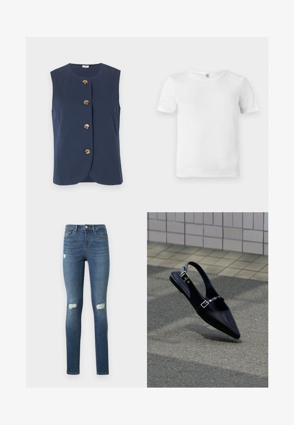 Veste sans manches bleu marine avec encolure arrondie et quatre grands boutons marron sur le devant, sur fond uni.; T-shirt blanc à manches courtes avec une texture côtelée. Encolure classique, sans logos ni motifs visibles, et un design simple et épuré.; Jean skinny bleu avec des détails délavés et des déchirures usées sur les cuisses et les genoux, doté de poches avant et d'une fermeture à bouton.; Mocassin noir à bout pointu et bride arrière, avec double boucle, posé sur un asphalt gris près d'un mur carrelé en arrière-plan.