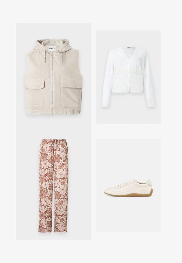 Veste en velours côtelé beige avec capuche, fermeture éclair à l'avant et deux grandes poches avant. Caractérisée par une surface texturée et un ourlet cousu.; Blouse blanche à manches longues boutonnée, col en V, détails en dentelle autour de la taille et ourlet festonné.; Pantalon marron à cordon avec un grand motif floral blanc et marron clair, coupe droite, présenté sur un fond blanc.; Baskets en cuir blanc à texture lisse, bout arrondi et coutures ton sur ton. Elles comportent une semelle en caoutchouc beige et une fermeture à lacets.