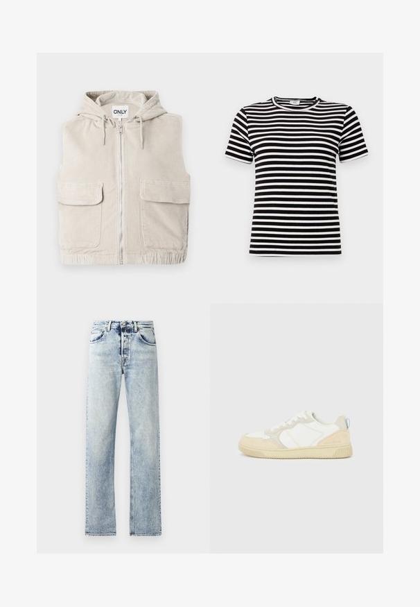 Beige Cordweste aus Kord mit Kapuze, Reißverschluss vorne und zwei großen Fronttaschen. Mit strukturierter Oberfläche und abgestepptem Saum.; Schwarz-weißer gestreifter T-Shirt mit kurzen Ärmeln, ribbeliger Textur und rundem Ausschnitt. Die Streifen sind gleichmäßig über den Stoff verteilt.; Hellblaue Denim-Jeans mit gerader Beinform. Merkmale sind fünf Taschen, Gürtelschlaufen und ein ausgefranster Saum am unteren Ende.; Weißer und beiger Sneaker mit Obermaterial aus Wildleder und Textil, kontrastierenden Nähten, einer Gummisohle und einem hellblauen Akzent an der Ferse.
