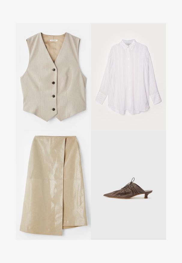 Gilet beige en tissu texturé, décolleté en V, et cinq boutons foncés. Présente un ourlet droit et sans manches pour un look ajusté.; Chemise blanche à manches longues avec des rayures verticales gris clair, col boutonné et poignets retournés. Tissu doux avec une coupe légèrement oversize.; Jupe en simili cuir beige avec un motif serpent texturé et brillant ; dotée d'un design enroulé et d'une fente sur le côté pour plus de détails.; Mule en cuir marron avec un bout pointu, texture froncée, petit talon et un accent de cordon de serrage à l'ouverture. Fini lisse.