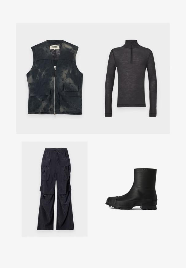 Sort og gråt tie-dye vest med lynlås foran, to klaplommer og "AIGLE EXPERIENCE BY ÉTUDES STUDIO" mærkat indeni kraven.; Sorte langærmede turtleneck skjorte lavet af et tekstureret stof, med en halvlåzipper ved kraven og tætsiddende ærmer.; Sorte brede cargobukser med flere store klaplommer og justerbar snøre i taljen på hvid baggrund.; CAMPERLAB TRAKTORI - Støvletter - schwarz