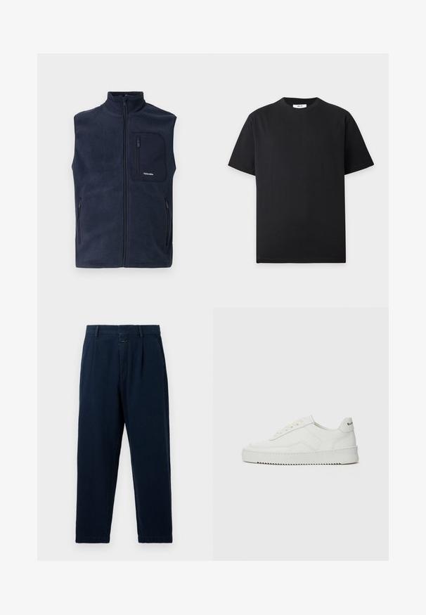 Marineblauw fleecevest met hoge kraag, volledige ritssluiting aan de voorkant en twee zijzakken. Voorzien van een met rits afsluitbare borstzak met logodetail.; Effen zwart T-shirt met korte mouwen en ronde hals, plat op een lichtgrijze achtergrond gelegd met een klein wit labeltje in de kraag.; CLOSED BLOMBERG - Baggy jeans - dark blue; Witte leren sneaker met een gladde afwerking, ronde neus, platte veters en een gestructureerde zool. Kenmerkt zich door een subtiel logo op de hiel.