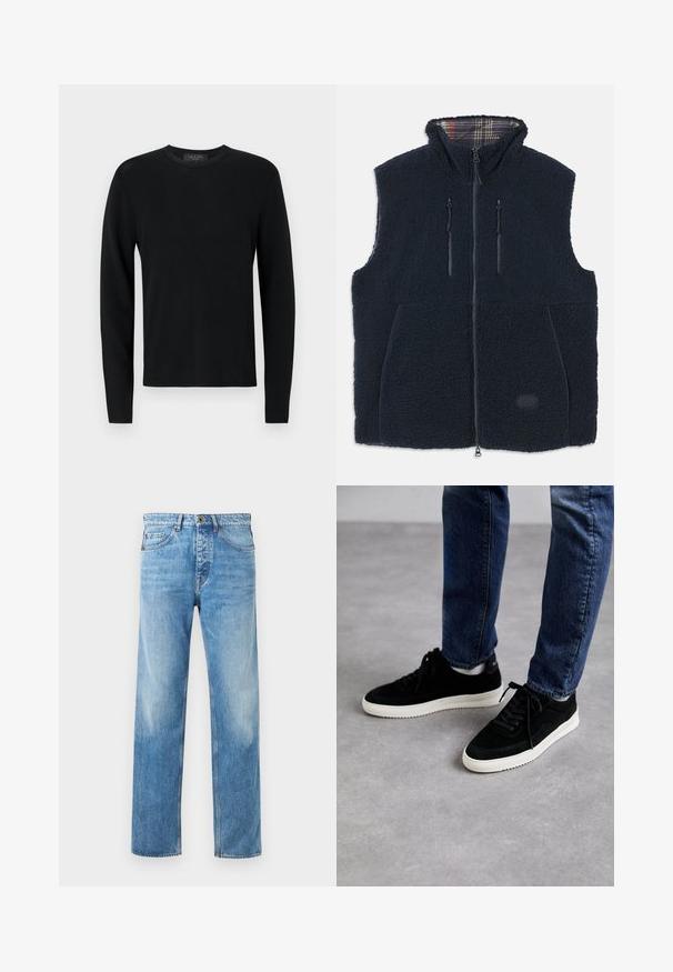 Marineblå fleecevest med en blød, tekstureret overflade, fuld lynlås på forsiden, to lynlåslommer og et ternet fôr i kraven. Logo patch på forsiden.; Sort bomulds sweater med lange ærmer, ribbet tekstur, rund hals og tætsiddende ærmer. Enkel design uden mønstre eller detaljer.; Lys blå denimjeans med en afslappet pasform, der har lige ben, synlige syninger, fem lommer og en knaplukning i taljen.; Sorte ruskind sneakers med en hvid gummisål, der har et klassisk low-top design, rundt tå og flade sorte snørebånd.