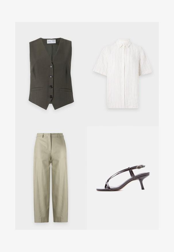 Oliven grøn ærmeløs vest lavet af tekstureret stof, med V-hals, fem sorte knapper og to forlommer.; Kortærmet skjorte med knapper i lys beige med fine lodrette striber. Fremstillet af letvægtsstoffer med klassisk krave og lige kant.; Beige brede bukser lavet af glat stof. Har folder, lynlås og bæltesløjfer. Lige snit fra talje til kant.; Sort laklæder sandal med lav hæl og tynde krydsede remme samt en lille guldlås på ankelremmen.