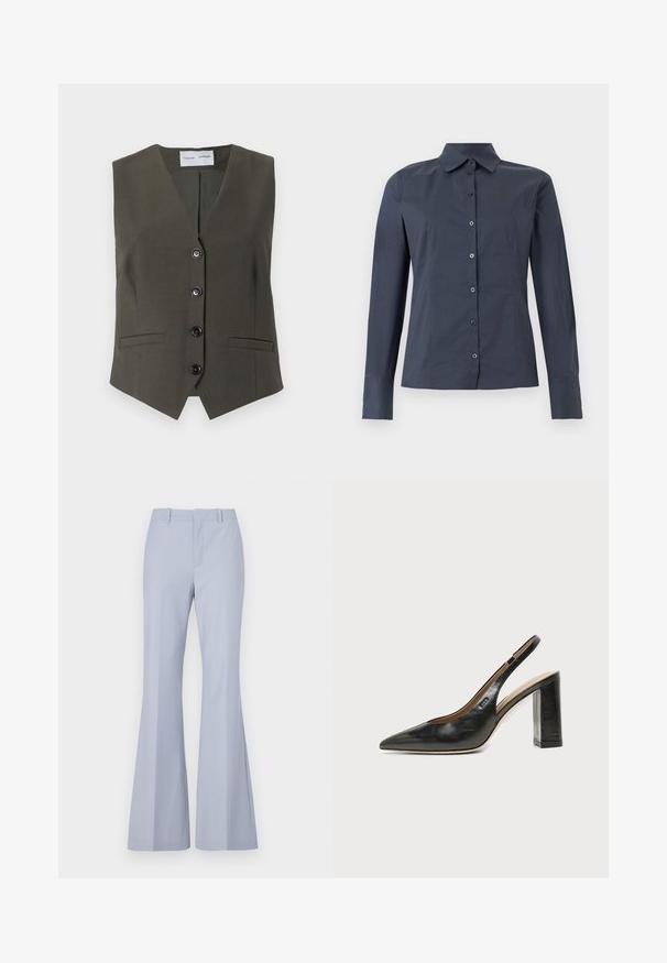 Gilet sans manches vert olive en tissu texturé, avec un col en V, cinq boutons noirs et deux poches avant.; Chemise gris foncé à manches longues avec col pointu et coutures ajustées, présentée sur un fond blanc.; Pantalons évasés bleu clair avec une texture lisse, dotés d'un devant plat, de deux poches latérales et d'une ceinture propre.; Chaussure slingback en cuir noir à bout pointu avec un talon bloc haut et une doublure intérieure beige sur un fond clair uni.
