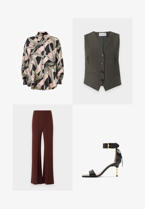Oliven grøn ærmeløs vest lavet af tekstureret stof, med V-hals, fem sorte knapper og to forlommer.; Skjorte med knapper i silke-blanding, der har en sort bund med et abstrakt bladmønster i grøn og pink. Pufærmer med elastiske manchetter.; Brune brede bukser med høj talje, lavet af et glat stof med lodrette sømme foran og en pæn afsluttet kant.; Sort læder hæl sandal med firkantet tå, ankelrem med en guldbuckle og en slank metallisk hæl. Glat tekstur, minimalistisk design.