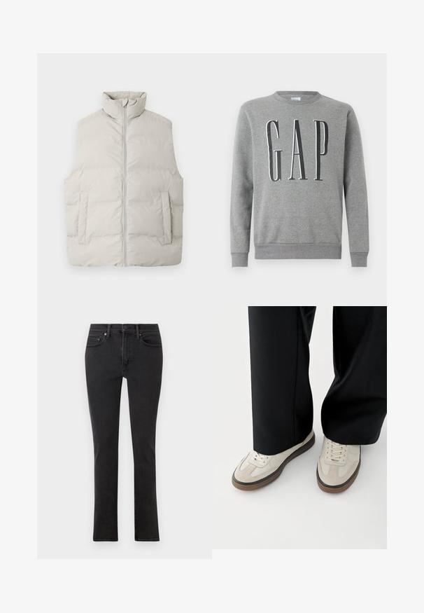 Gilet en duvet gris clair avec col haut, fermeture éclair à l'avant et deux poches latérales ; texture lisse et design matelassé avec des sections rembourrées.; Sweatshirt gris avec un col rond, des poignets et un ourlet côtelés, avec le mot "GAP" en grande police noire sur le devant. Texture de tissu douce.; Jeans noirs en denim avec une coupe ajustée. Comprend cinq poches, des passants de ceinture et une fermeture éclair à l'avant avec un bouton. Texture lisse.; Pieds portant des baskets beige avec des semelles marron et un pantalon noir à jambes larges sur fond blanc.