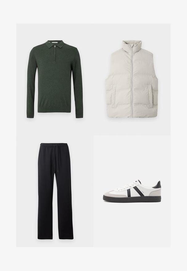 Lys grå puffer vest med høj krave, frontlynlås og to sidelommer; glat tekstur og quiltet design med polstrede sektioner.; Mørkegrøn langærmet polo sweater med kvart lynlås og ribbede manchetter og kant, vist på en enkelt lys baggrund.; Abercrombie & Fitch ESSENTIAL BAGGY OPEN HEM CASUAL - Træningsbukser - black; Hvide sneakers med sorte og grå detaljer, med en tekstureret grå tåhætte, sort gummisål og flade hvide snørebånd. Rent design, minimalistisk stil.