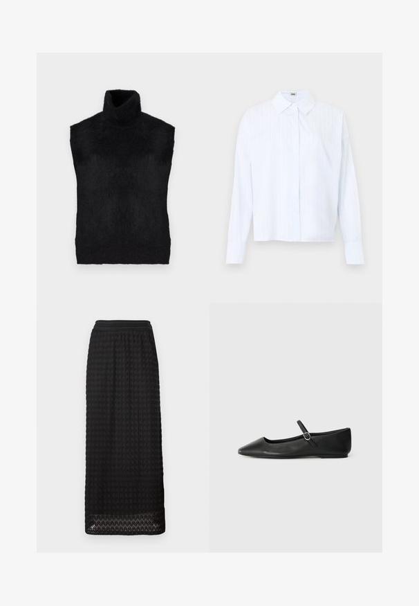 Sort ærmeløs turtleneck sweater, lavet af blødt, fuzzy materiale, med høj hals og glat tekstur uden synlige mønstre eller hardware.; Lyseblå skorte med hvide lodrette striber, med klassisk krave og lange ærmer med knappede manchetter. Blød stoffølelse.; Sort midi-nederdel med et struktureret, honningkage mønster og et bredt elastisk taljebånd. Nederkanten har bølget detaljer for en ekstra design-effekt.; Sorte læder balletflade med spids tå, flad sål og en lille spænde rem over anklen for en sikker pasform.