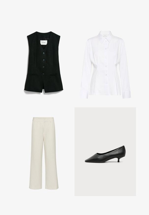 Chaleco sin mangas de un verde oscuro con escote en forma de V, cinco botones negros y dos bolsillos frontales. Textura suave con una silueta estructurada.; Blusa blanca de manga larga con botones, cuello puntiagudo, cintura ajustada y etiqueta visible de la marca "Gestuz" en el interior del cuello.; Pantalones de pierna ancha en tela color crema con sutiles rayas verticales, con cintura plana y lazos para cinturón. Textura suave sin bolsillos.; Zapato de mujer negro de cuero con tacón bajo, puntera puntiaguda y pequeño tacón kitten sobre fondo claro liso.