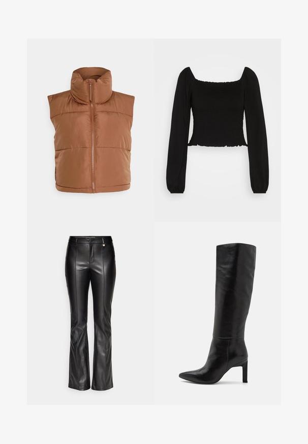 Vero Moda VMMILEY SHORT WAISTCOAT - Vest - aztec; GAP SMOCKED CROP - Pikkade varrukatega topp - black; ONLY ONLBLAKE FLARED PIN LEA PANT - Püksid - black; Sääre pikkused mustad nahast stilettokontsaga saapad terava ninaga ja siledat tekstuuri. Kontsad on plokkstiilis, mis lisab kujundusele stabiilsust.