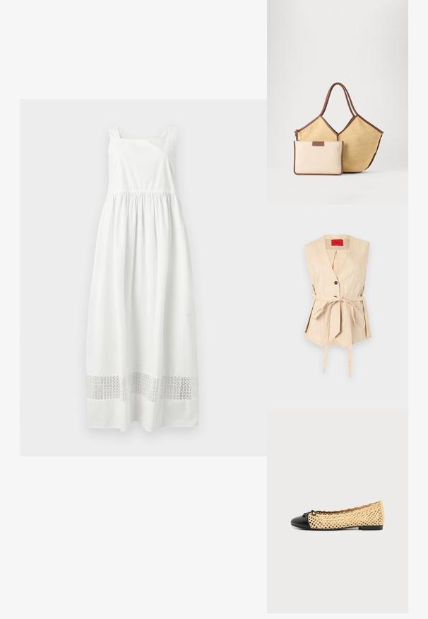 Veste sans manches en lin beige avec deux boutons noirs, ceinture à nouer à l'avant et poches frontales, présentée sur un fond neutre.; Robe longue blanche sans manches avec taille froncée et bande découpée à motifs près de l'ourlet, présentée sur fond gris.; Chaussure plate beige tissée avec bout fermé noir et petit détail de nœud, vue de profil sur fond blanc.; Sac fourre-tout tissé beige avec garniture marron et anses, accompagné d'une petite pochette beige avec bords marron et fermeture éclair.