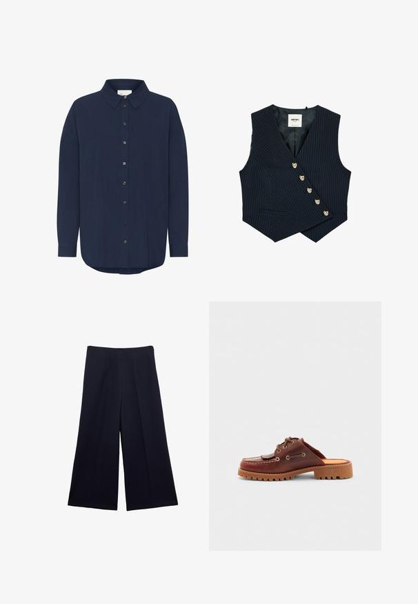 Chaleco azul marino con rayas a la aguja, frente asimétrico, botones decorativos dorados y un bolsillo de ojal, diseñado para vestir de negocios formal.; Camisa de manga larga azul marino oscuro con cuello clásico, cierre de botones en la parte delantera y un corte relajado. Presenta una sutil textura y un dobladillo redondeado.; Pantalones de pierna ancha azul marino con pliegue frontal, talle alto y cierre de cremallera lateral, extendidos sobre fondo blanco.; Zapato marrón de cuero tipo mocasín sin cordones, con lazos decorativos, ojales dorados y suela de goma texturizada.