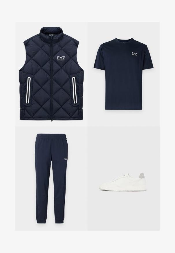 Mørkeblå quilted ærmeløs vest med frontlynlås, lynlås-lommer og hvid EA7 Emporio Armani-logo på brystet.; Mørkeblå bomulds t-shirt med korte ærmer, rund udskæring og EA7-logo i hvid på øverste venstre side. Glat tekstur, afslappet design.; Mørkeblå sweatpants med elastisk talje og manchetter. Har et lille hvidt logo på venstre ben. Fremstillet af et blødt, strækbart materiale.; Hvid lavtop-sneaker med gråt hælflig, hvide snørebånd og tekstureret sål, vist på en ensfarvet lys baggrund.