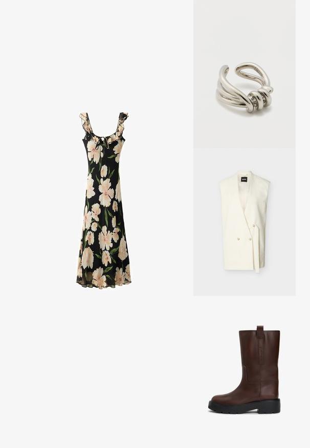 Ærmeløs, skræddersyet vest i off-white med brede revers, dobbeltradet knaplukning og et indsyet bælte på ensfarvet baggrund.; Sort blomsterkjole med store lyserøde blomster, flæsekant ved halsudskæringen, justerbart bånd og et flydende, gennemsigtigt stofdesign.; Brune læder ankelstøvler med en rund tå, tyk sort sål og en løkke bagpå. Har diskret logodetaljering på siden.; Justerbar sølvfarvet metalring med snoede strenge og et knudet design, poleret finish med glatte overflader og kurver.