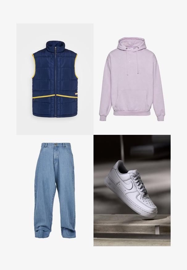 Levi's® Gold Tab PASTIME VEST - Bodywarmer - medieval blue; Licht paarse hoodie met een trekkoordkap, voorvak en een witte logo-accent op de borst. Gemaakt van zacht, gestructureerd materiaal.; Lichtblauwe denim broek met een losse fit, knoopsluiting, voorzakken en een opgekrulde zoom, met een klassieke vijf-zakken ontwerp.; Witte Nike Air Force 1 sneaker van leer met geperforeerde neus, platte veters en een gestructureerde rubberen zool met "AIR"-logo aan de zijkant.