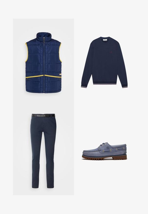 Levi's® Gold Tab PASTIME VEST - Vest - medieval blue; Pier One Pusa - sky captain; Tume sinised puuvillased püksid kitsas lõikes, millel on tekstureeritud must nahkrihm ja klassikalised taskud. Puhtad jooned, ilma mustriteta.; Meeste sinine nahast paatjalats tekstuurse mustriga, pruun kummist tallaga, paeltega ja Timberlandi logo külje peal.