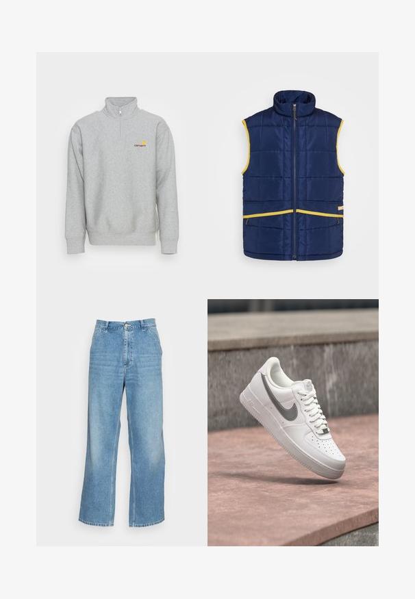 Levi's® Gold Tab PASTIME VEST - Veste sans manches - medieval blue; Carhartt WIP HALF ZIP AMERICAN SCRIPT - Sweatshirt - grey heather; Jean large en denim bleu clair. Dispose d'une taille haute, d'une fermeture à bouton et d'un design classique à cinq poches. Texture lisse.; Baskets blanches Nike Air Force 1 avec logo swoosh gris flottant au-dessus d'une surface en pierre et un mur en pierre gris en arrière-plan.