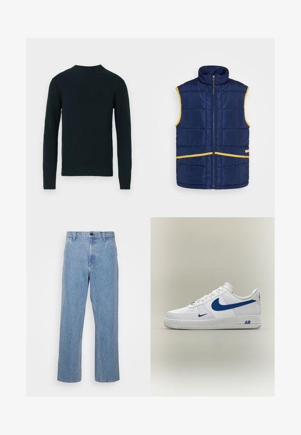 Levi's® Gold Tab PASTIME VEST - Vesta - medieval blue; Čierny dlhý pletený sveter s okrúhlym výstrihom a rebrovanými manžetami a spodným lemom, zobrazený na čistom bielom pozadí.; Svetlomodré denimové džínsy so straight leg strihom, s gombíkovým zapínaním a pútkami na opasok. Tkanina má jemne vyblednutú textúru.; Biela teniska Nike Air Force 1 s modrými logami swoosh a textom "AIR" na podrážke, zobrazená z boku na neutrálnom pozadí.
